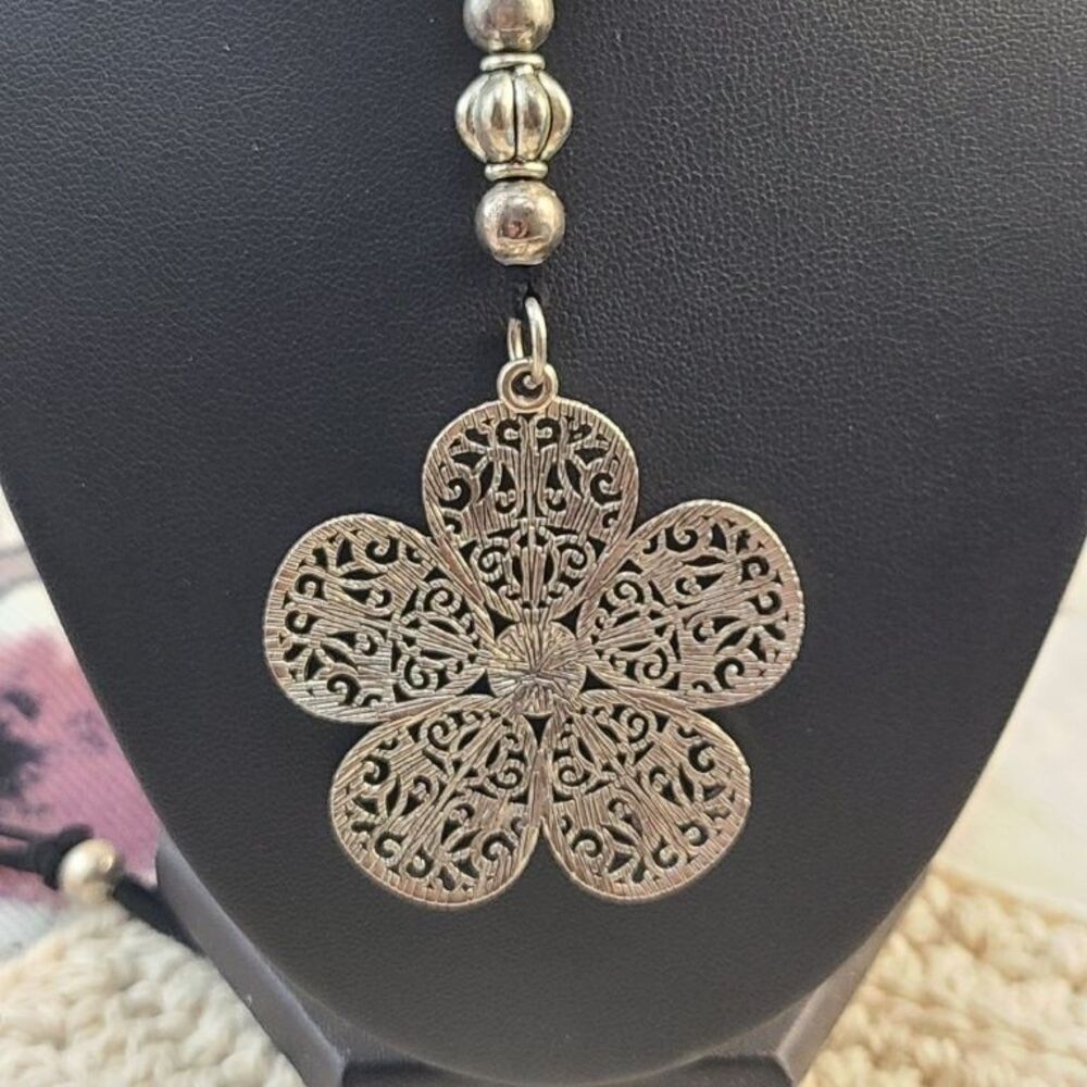 Boho Silver Filigree Flower Statement Necklace Large Openwork Floral